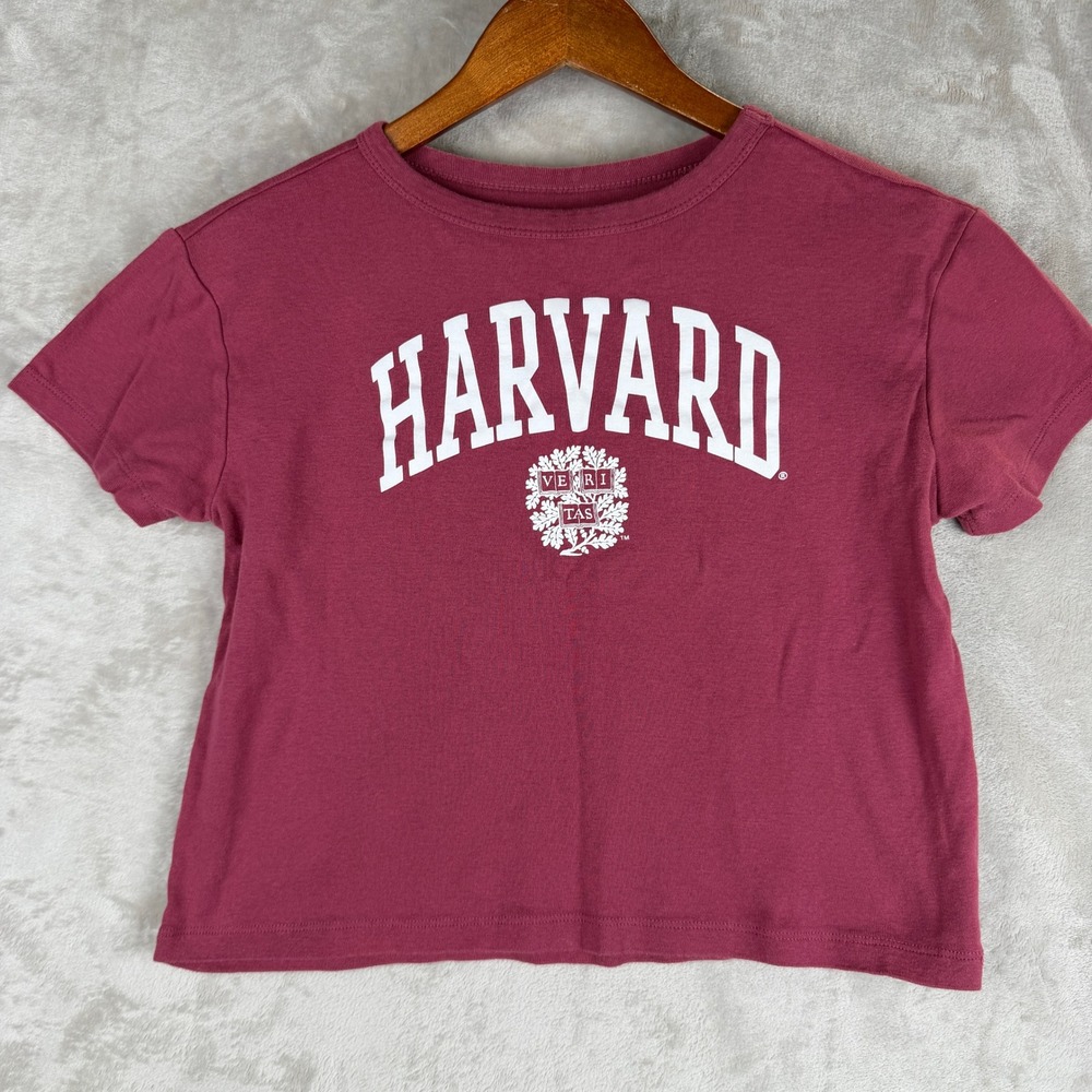 Harvard University Women XL Burgundy Cropped Graphic T-Shirt Veritas Logo Cotton